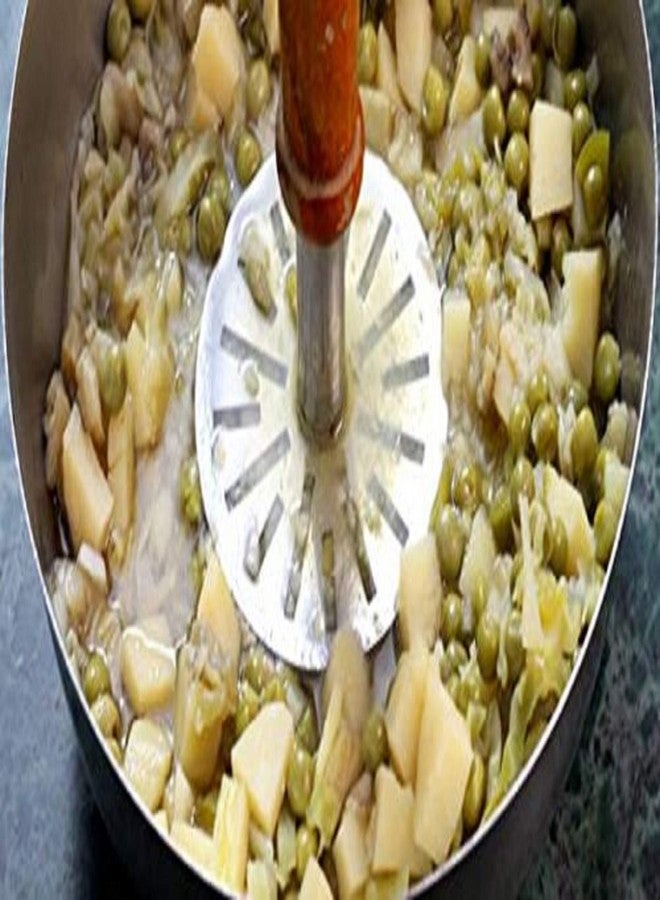 N M Z Potato Vegetable & Pav Bhaji Masher with Wooden Handle Silver & WoodenColor - Image 4
